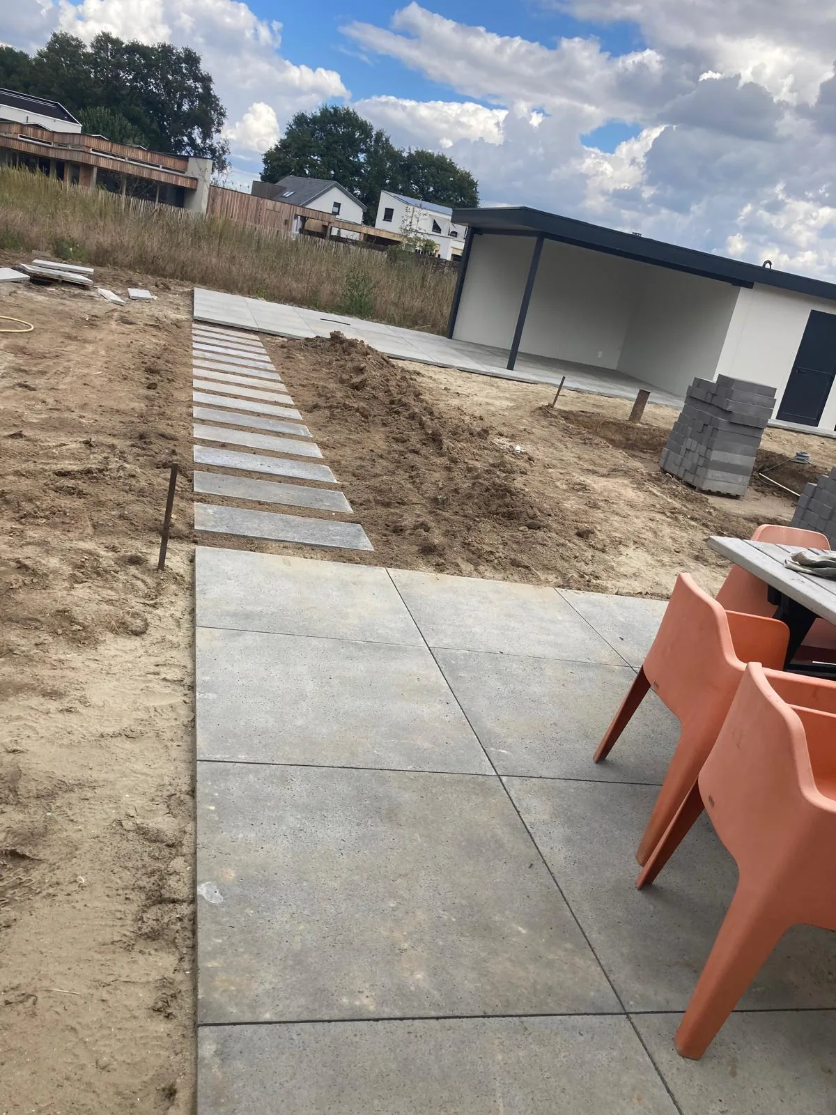Terras in grote betonplaten met een pad van staptegels bij een nieuwbouwwoning